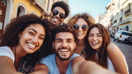 Fototapeta premium Multiethnic group of friends taking selfie with smartphone while traveling together
