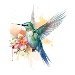 Hummingbird, delicate watercolor illustration, whimsical painting, ultra HD, intricate wing details, hand-painted floral motifs, transparent background, watercolor highlights,clipart
