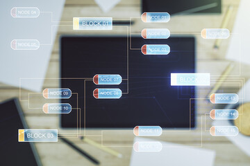 Abstract creative coding concept and modern digital tablet on background, top view. Multiexposure