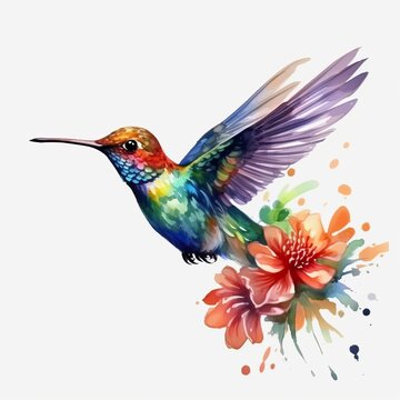 Hummingbird, delicate watercolor illustration, whimsical painting, ultra HD, intricate wing details, hand-painted floral motifs, transparent background, watercolor highlights,clipart