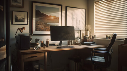 Serene Home Office at Golden Hour AI-Generative