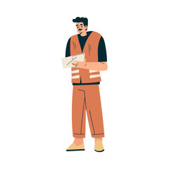 Logistics Service Mustached Man Worker Character with Tablet Vector Illustration