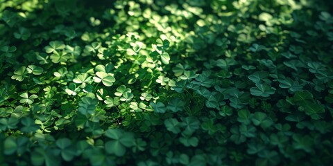 A dense field of clover basking in dappled sunlight, creating a vibrant green background for St. Patrick's Day