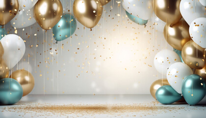 on stage there are white, turquoise and gold balloons on a background of gold sparkles and confetti, festive atmosphere, wallpaper, screensaver