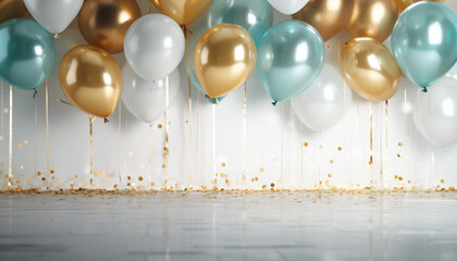 on stage there are white, turquoise and gold balloons on a background of gold sparkles and confetti, festive atmosphere, wallpaper, screensaver