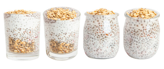Set of yogurt jars with muesli, oatmeal and chia seeds. On a blank background