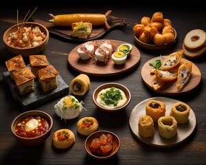 rofessional food photography of 10 best Umami Chilean snacks, Eye-level shot, daylight