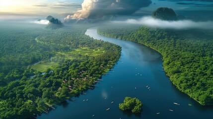 A large river like the Amazon flows in the plain The valley basin and plain are covered with forest. Generative AI.