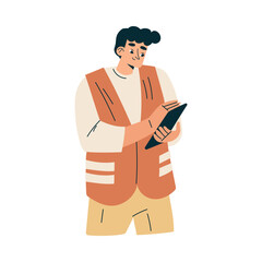 Logistics Service Man Worker Character with Tablet Vector Illustration