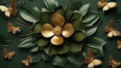 flowers in the garden A 3D floral wallpaper with a dark background and a green flower in the center.  