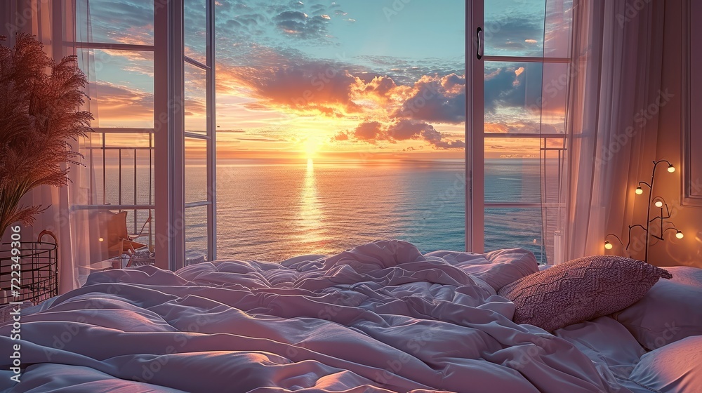 Poster a bed with views of the sea and a sunset. generative ai.