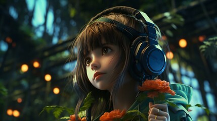 anime girl with headphone in dark jungle