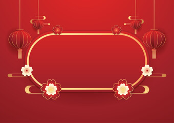 Happy Chinese new year 2024. Chinese new year banner for show product. Greeting card. China frame with lantern on red background.