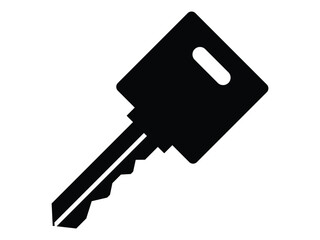 Simple, flat, black silhouette of a house key. Isolated on white