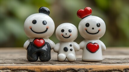 Trio of Smiling Cartoon Figurines With Hearts on Wooden Surface