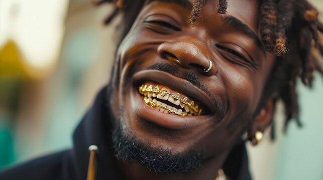 Black man with joyful smile showing gold grillz dental jewelry on blurred background