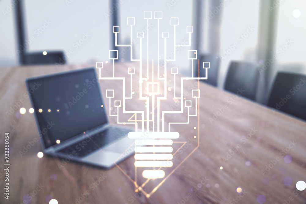 Poster creative light bulb with chip hologram on modern laptop background, artificial intelligence and neur