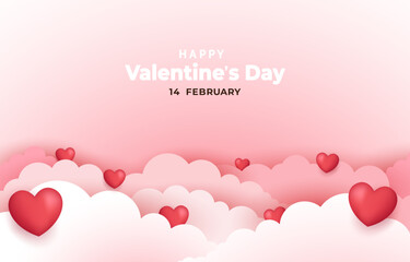 Happy Valentine's day poster or voucher. Beautiful white and pink clouds. heart frame on clouds Vector illustration. Place for text.