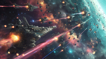 An armada of futuristic warships in space, squadron aligned for cosmic defense, vivid interstellar...