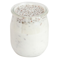 jar of yogurt with chia seeds in a glass jar. On a blank background