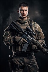 Fototapeta premium Armed Soldier Ready for Action, AI Generated