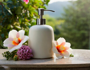 stylish soap dispenser with some flowers