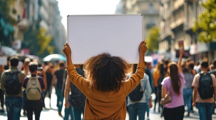a proud black woman American holding up a blank white sign, very civilized, standing in front of a peaceful crowd. Generative AI.