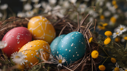 Fototapeta na wymiar Banner. Easter eggs, feathers in a nest on a blue wooden background.