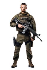 Fototapeta premium Armed Soldier Ready for Action, AI Generated