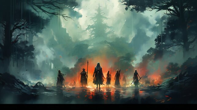 In the style of dnd dark watercolor anime illustration, grim hollow, valikan clans, a group of samurai adventurer lost deep in the woods during a snowstorm in the night