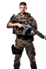 Fototapeta premium Armed Soldier Ready for Action, AI Generated