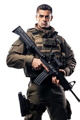Fototapeta premium Armed Soldier Ready for Action, AI Generated
