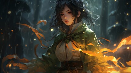 Obraz premium In the style of dnd dark watercolor anime girl illustration, warrior pose, lost deep in the woods during a snowstorm in the night, grim hollow