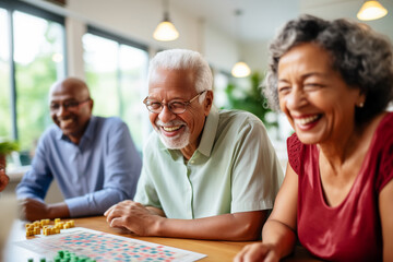 Multiracial seniors having fun during board game in geriatric clinic or nursing home - obrazy, fototapety, plakaty
