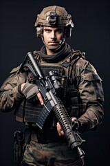 Fototapeta premium Armed Soldier Ready for Action, AI Generated