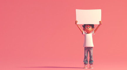 An animated 3D boy with a playful expression, holding up a large blank sign against a pink background. Copy space