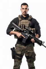 Fototapeta premium Armed Soldier Ready for Action, AI Generated