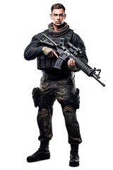 Fototapeta premium Armed Soldier Ready for Action, AI Generated