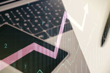 Multi exposure of abstract creative financial chart with upward arrow on laptop background, rise and breakthrough concept