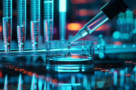 A biology lab scene with a focus on a pipette analyzing a sample, representing advancements in microbiology and pharmaceutical research The setting is futuristic and precise, with no people, em