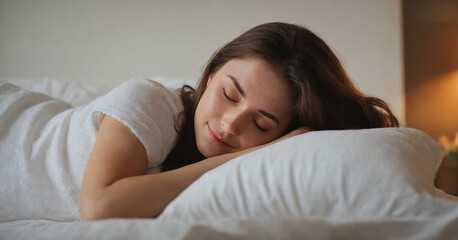 A happy woman stretches in the morning sunlight, feeling refreshed and rejuvenated after a restful night's sleep.
