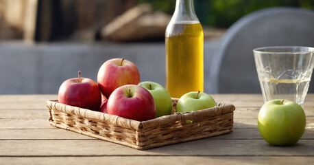 A bottle of apple cider vinegar sits on a table, ready for use as a healthy ingredient or refreshing drink.