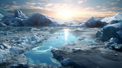 Glacial landscape with cracks and melting ice in sea water at sunset. Concept: climate change, global warming and Arctic research.
