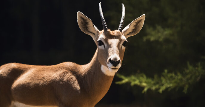 A close-up of a suni antelope in the forest at night, showcasing its unique features and nocturnal behavior.