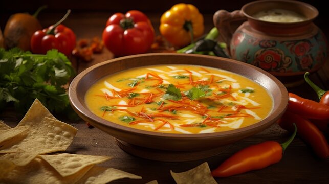 mexican sopa de tortilla, food photography, copy space, 16:9
