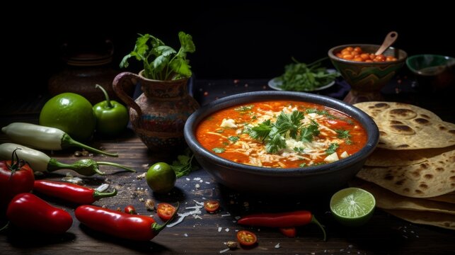 mexican sopa de tortilla, food photography, copy space, 16:9