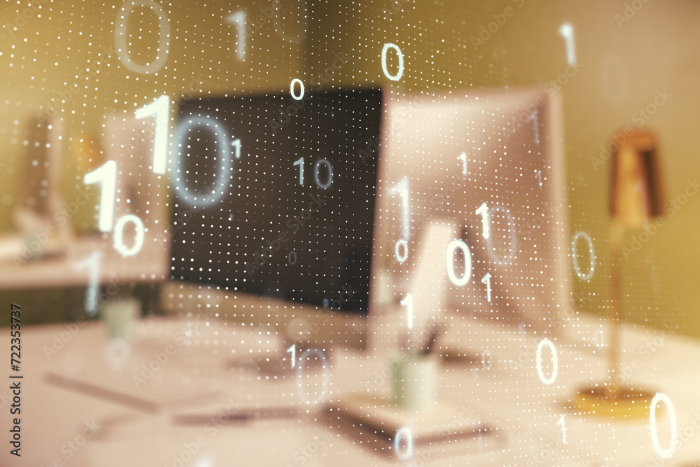 Aufkleber Creative abstract binary code sketch on modern laptop background, hacking and matrix concept. Multiexposure