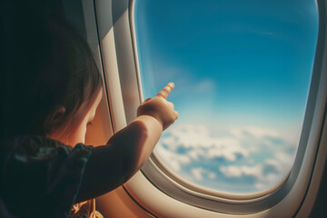 Fototapeta na wymiar A toddler stretches hand to the sky, signifying curiosity and wonder during an airplane flight with a view of clouds.