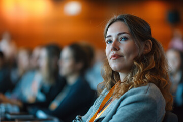 Obraz premium A professional woman at a business conference, reflecting leadership and career engagement.