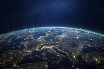 Planet Europe at night showcasing city lights, representing global connectivity, energy, and civilization.

 - obrazy, fototapety, plakaty